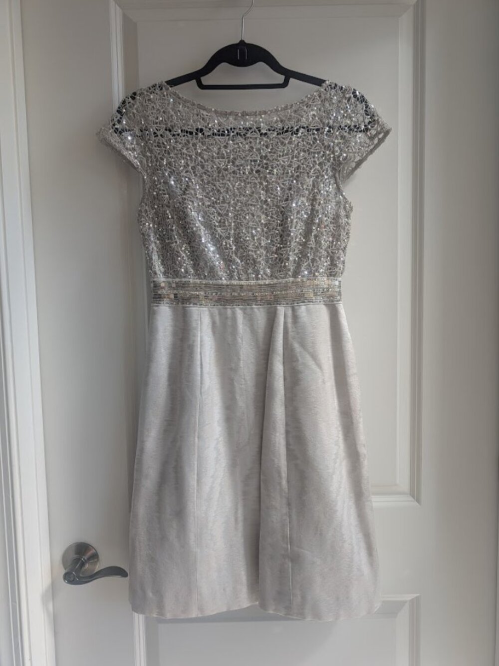 Sequined champagne dress for prom, weddings, parties. By Kay Unger.